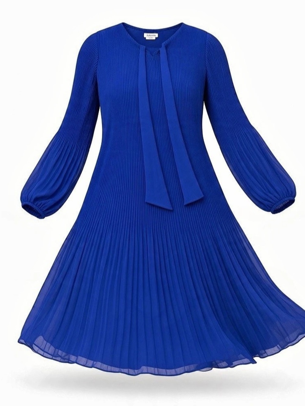 DKNY Long Sleeve Pleated Shift Dress with Neck Tie Blue Small